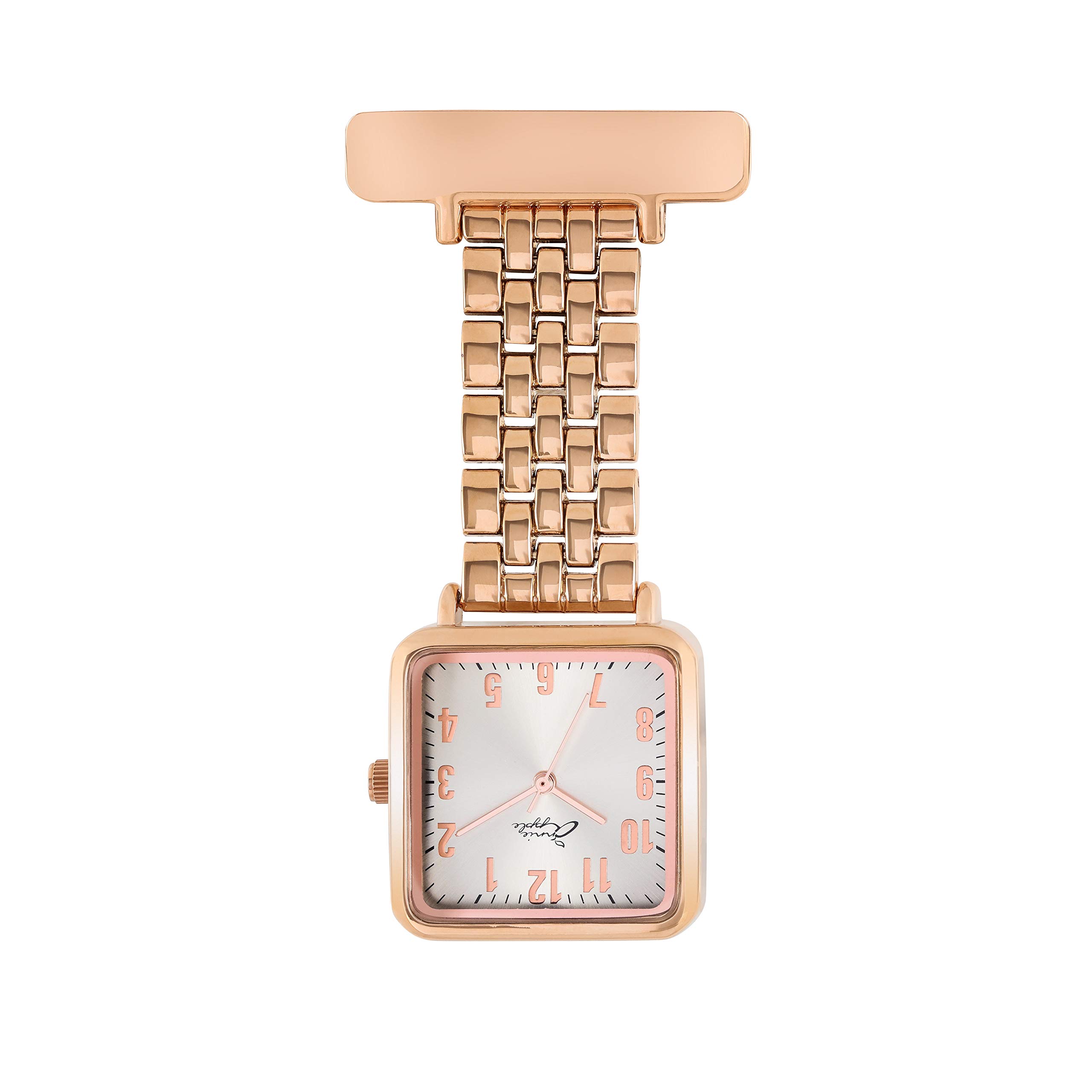 Annie Apple Nurse Fob Watch – Ivory Pearl Dial with Rose Gold Square Case and Gold Link Chain Bracelet – Pocket Watch for Nurses, Hairdressers, Beauticians