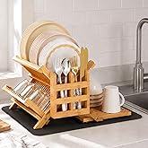 Greenual Bamboo Dish Drying Rack with Utensil Holder, 3 Tier Collapsible Dish Rack, Wooden Dish Racks for Kitchen Counter, Large Folding Drying Holder with Absorbent Dish Drying Mat