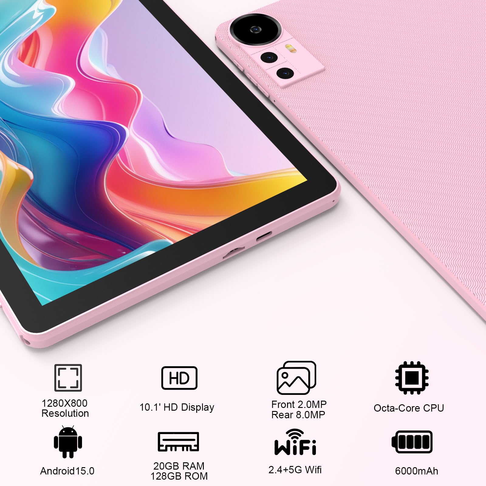 Android 15 Tablet 10 Inch, 20GB RAM+128GB ROM/ 2TB Expandable, 2.0GHz Quad-core Processor, 1280*800 HD Screen, 5G WiFi6 BT 5.0, 2 in 1 Tablets with Keyboard Case Mouse Stylus, Widevine L1 Pink