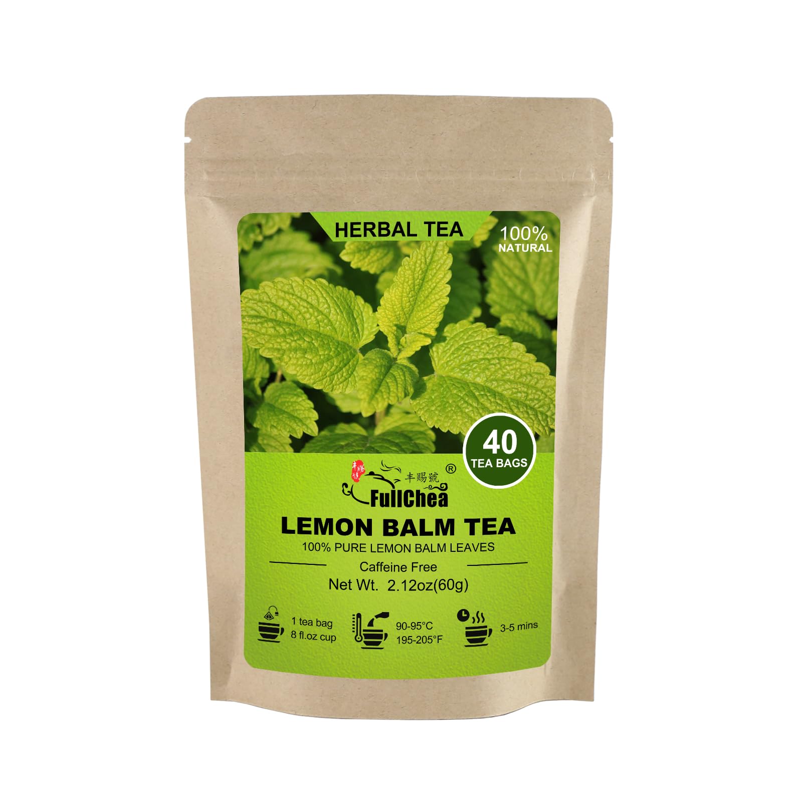 FullChea Lemon Balm Tea Bag, 40 Teabags, 1.5g/bag - Premium Lemon Balm Herb - Melissa Officinalis - Non-GMO - Caffeine-free - Promotes Relaxation & Support Digestion, 40.0 Count
