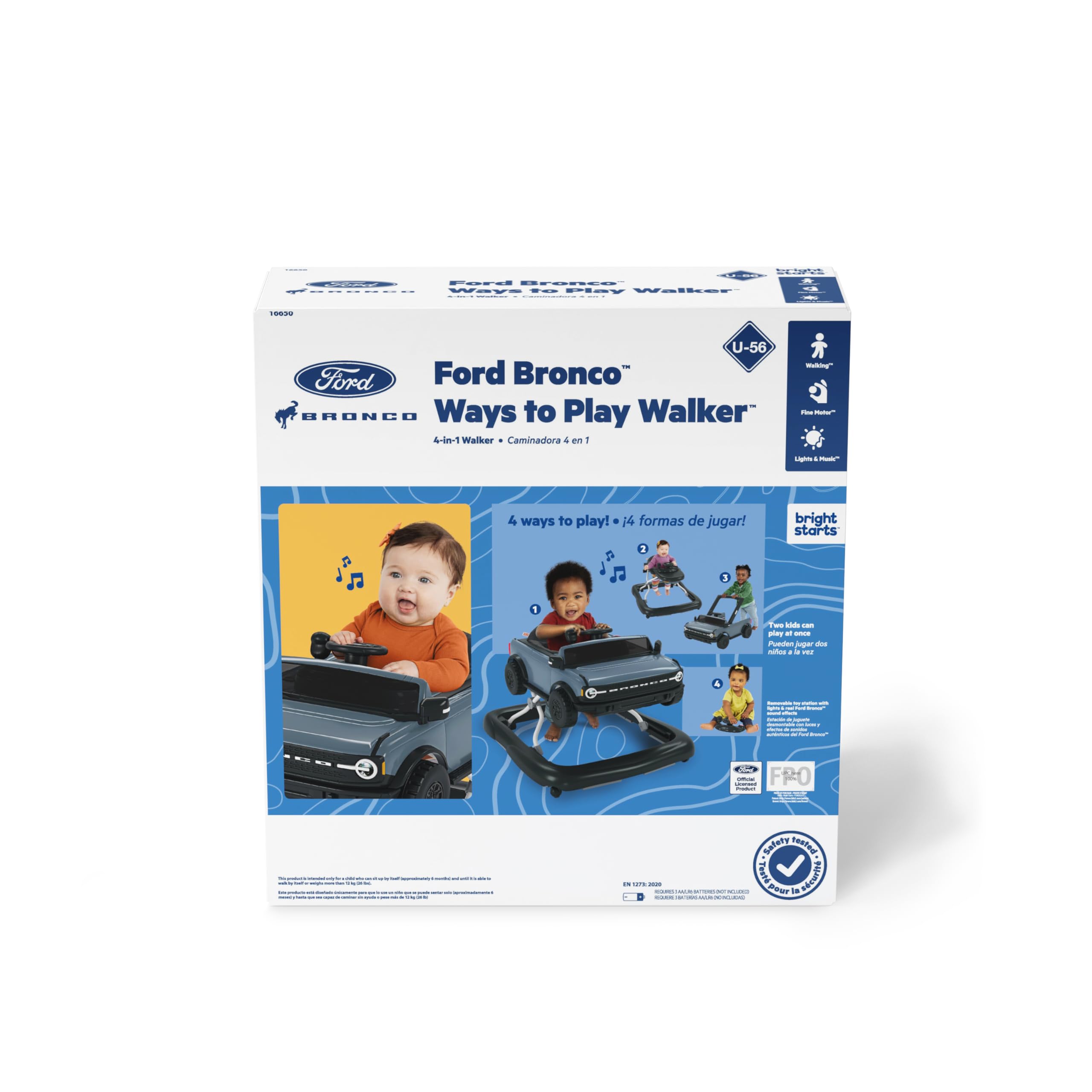 Bright Starts Ford Bronco 4-in-1 Blue Grey Baby Activity Center & Push Walker with Removable Interactive Steering Wheel -Toy, 6 Months and up