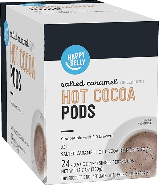 AMAZON BRAND – HAPPY BELLY HOT COCOA PODS COMPATIBLE WITH 2.0 K-CUP BREWERS, SALTED CARAMEL FLAVORED, 24 COUNT