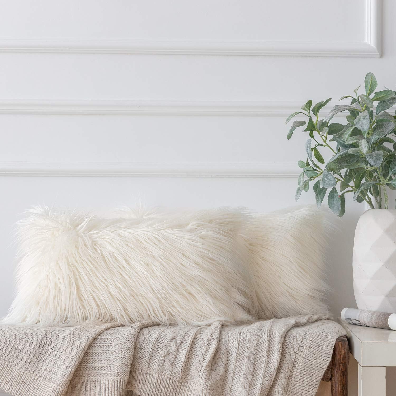 Ashler Pack of 2 Decorative Luxury Style Beige-White Faux Fur Throw Pillow Case Cushion Cover 12 x 20 Inches 30 x 50 cm