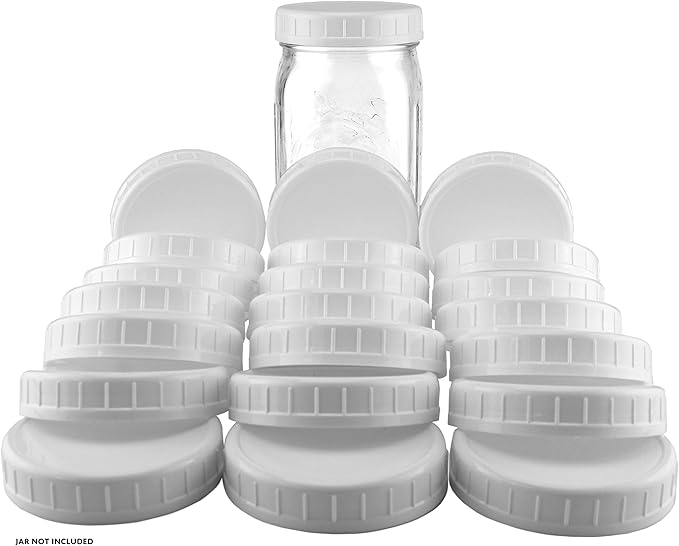 Two Dozen Wide Mouth Plastic Mason Jar Lids (24-Pack Bundle); 2 Dozen Unlined White Ribbed Lids, 86-450 Size