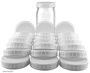 Two Dozen Wide Mouth Plastic Mason Jar Lids (24-Pack Bundle); 2 Dozen Unlined White Ribbed Lids, 86-450 Size