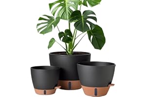 MONTRESOR 12/10/8 Inch Self Watering Pots for Indoor Plants Plastic Large Plant Pot for Outdoor Plants, Water Level Window & Spacious Reservoir Flower Pots Decorative Planter with Drainage and Tray (Black)