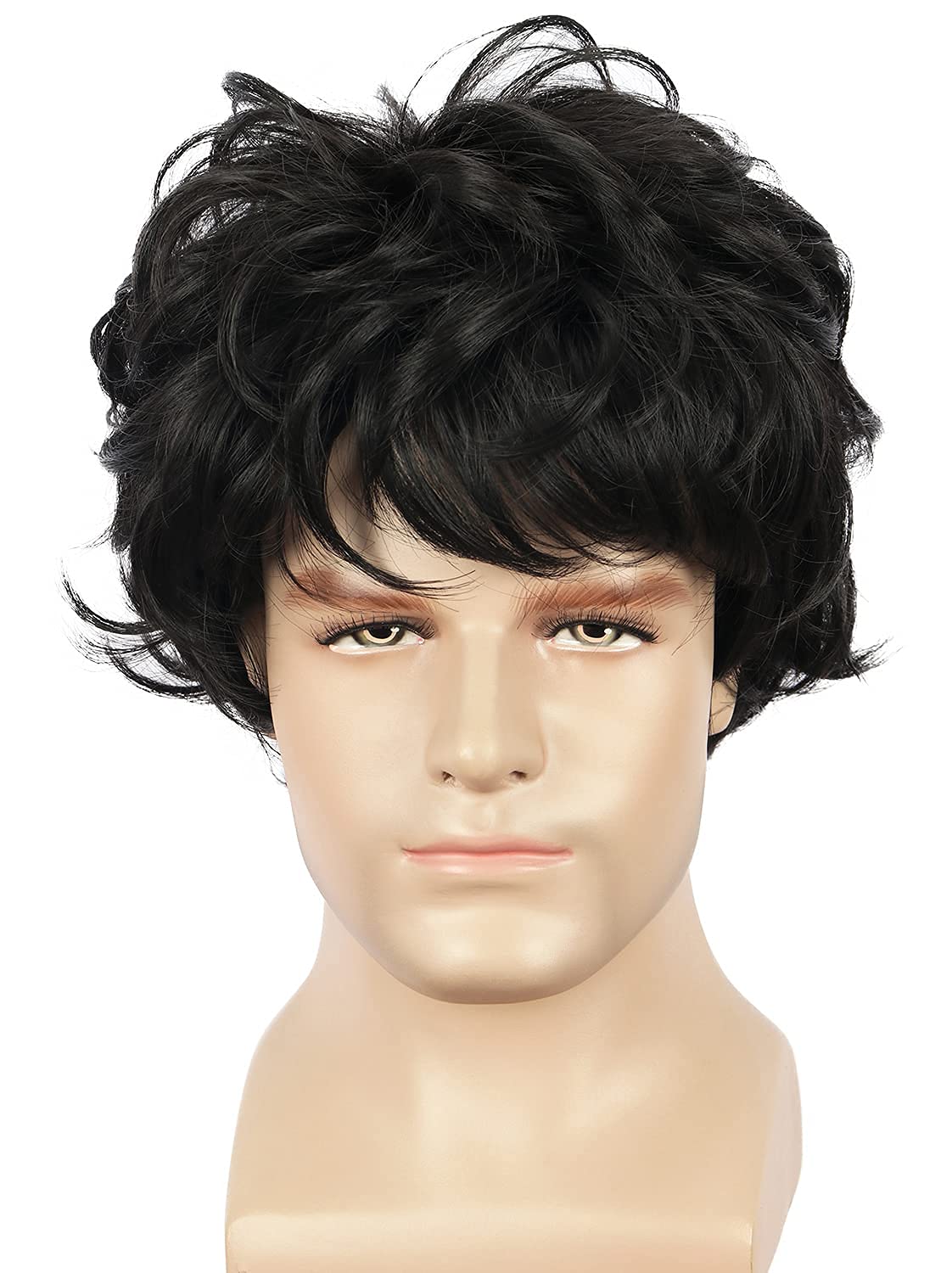 Yuehong Men Short Curly Black Wig Cosplay Party Film Hair Heat Resistant Synthetic Fibers Fluffy Durable Breathable Wig