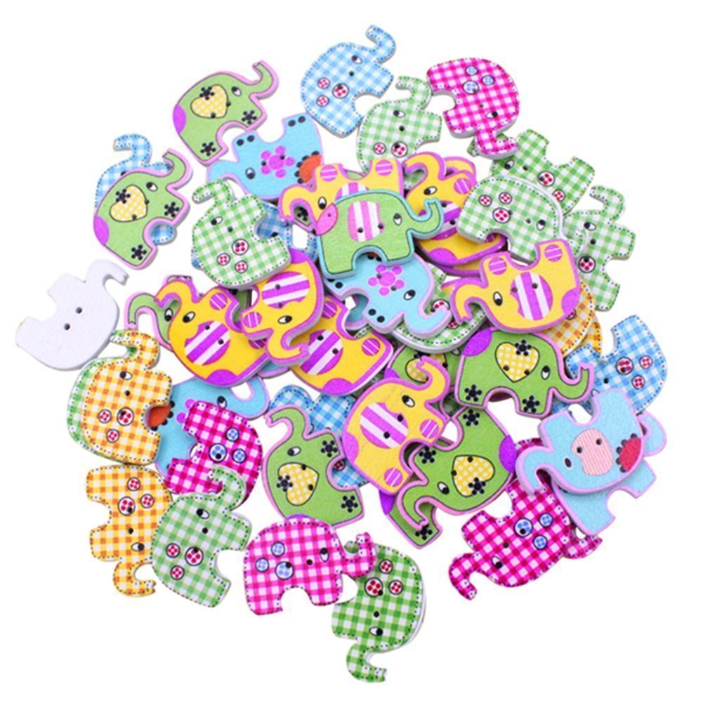 NAMVO 100pcs Multicolored Cartoon Animal 2 Holes Wood Sewing Buttons-Elephant