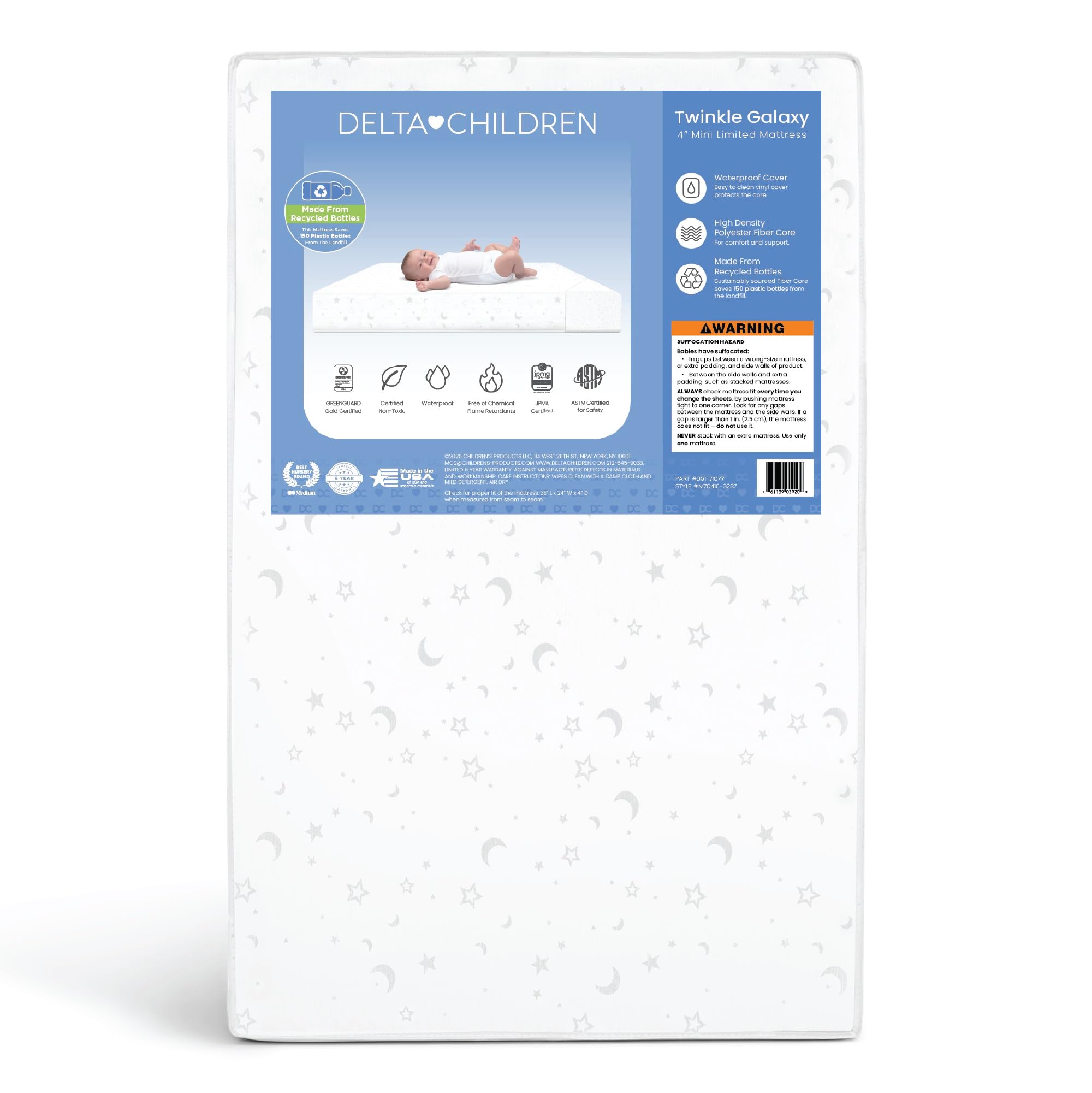 Photo 1 of ***The photo and description are for reference only.****Delta Children Twinkle Galaxy Limited 4-inch Mini Crib Mattress - Premium Sustainably Sourced Fiber Core - Waterproof - GREENGUARD Gold Certified (Non-Toxic) - 5 Year Warranty - Made in USA
