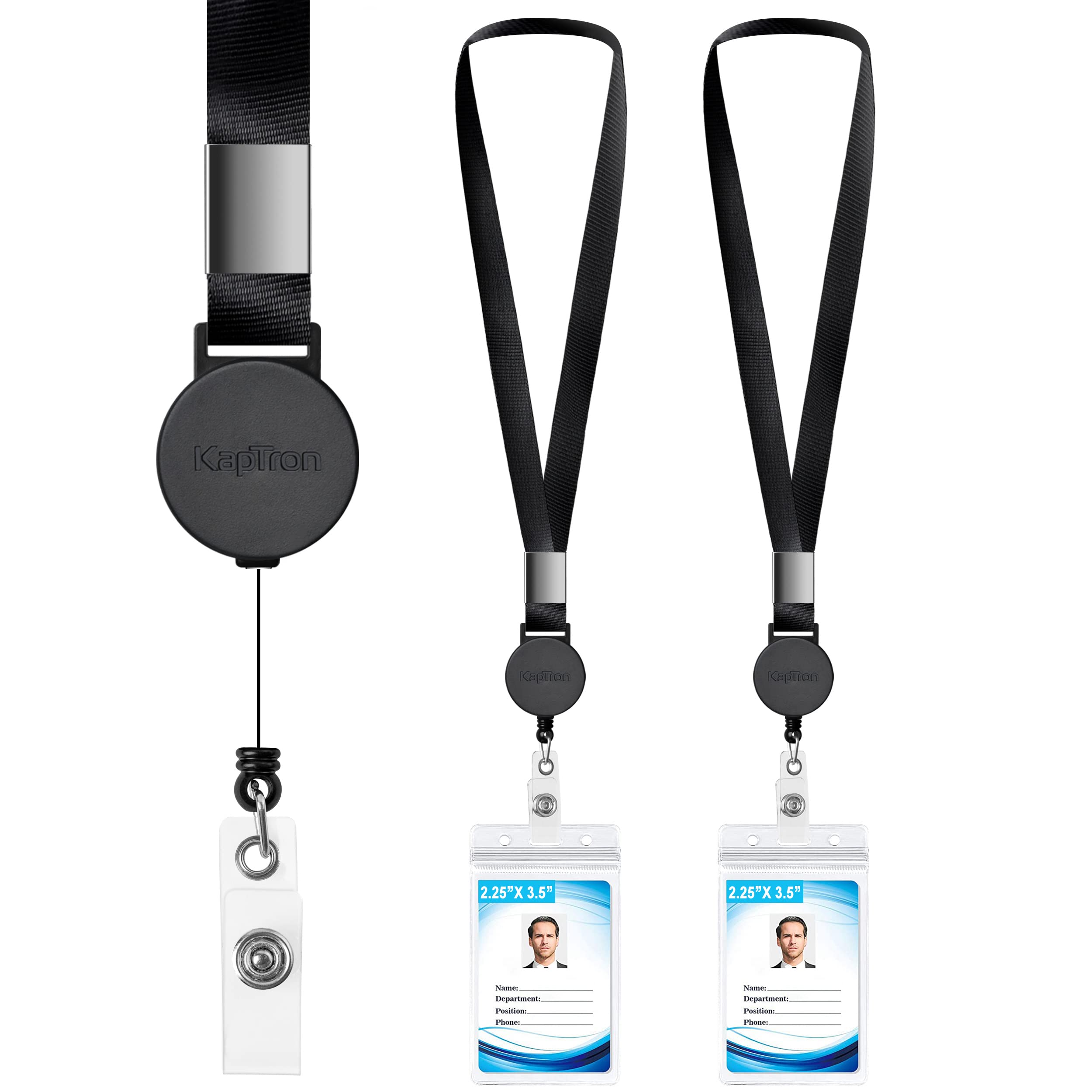 20 Inch Flat Polyester ID Lanyard with Retractable Badge Reel and Vertical Name Badge Holder (2 Pack) for Offices, Schools, Drivers Licence