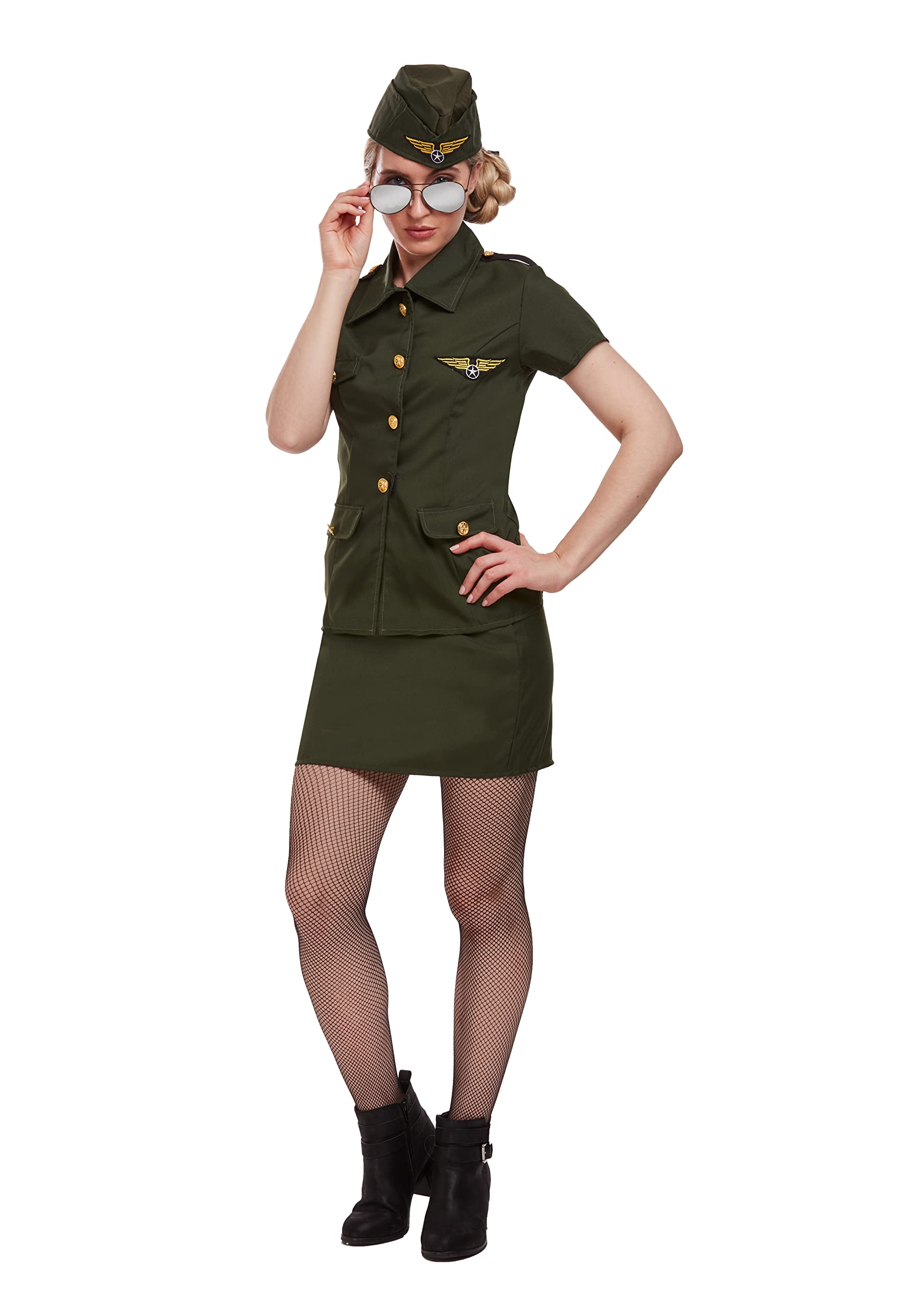 HENBRANDT Army Lady Military Officer Fancy Dress Costume - Adult Women's Green Short Sleeve Uniform One Size Outfit for Halloween Party Hen Night Cosplay