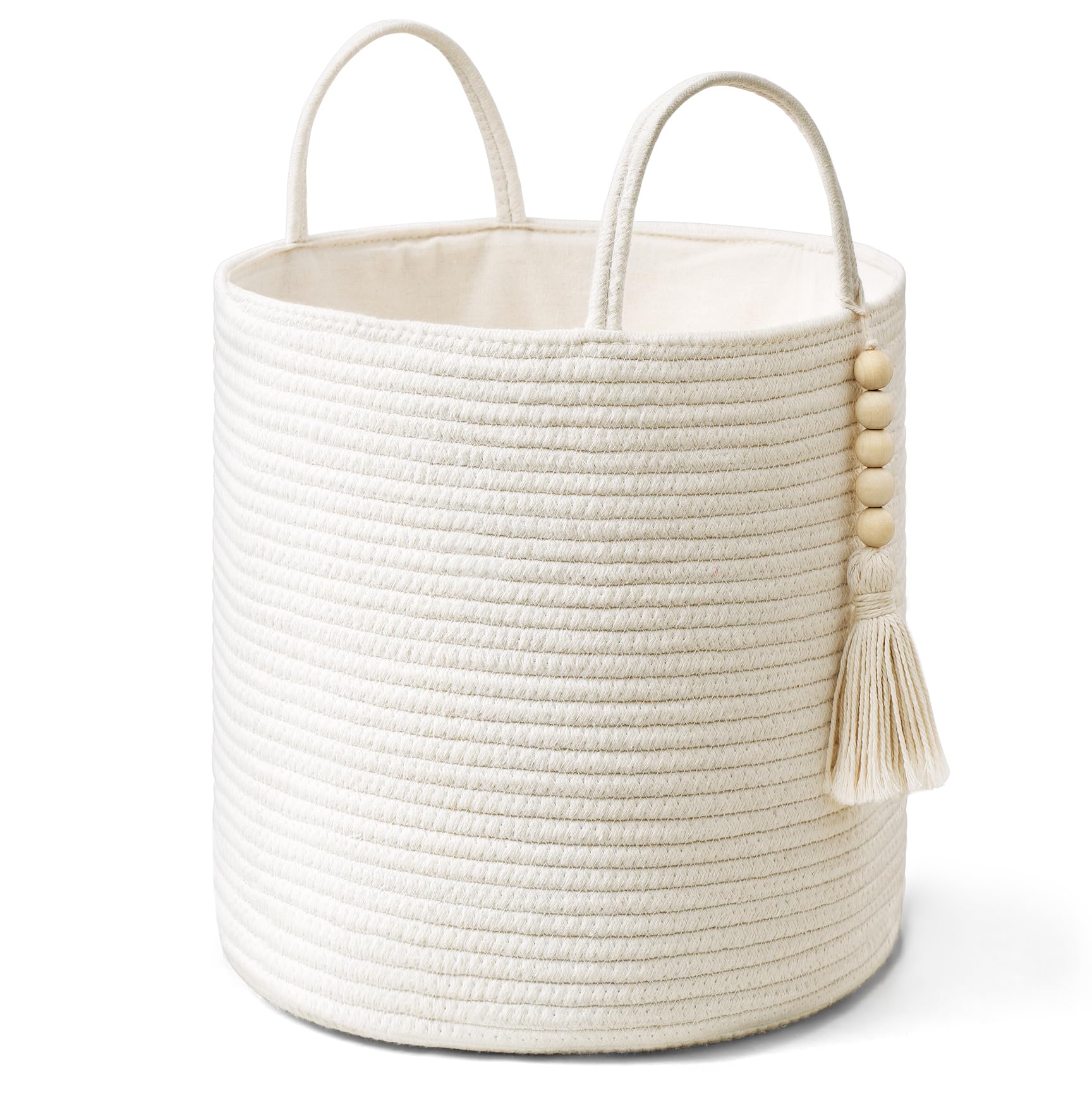 Mkono Woven Storage Basket with Handles Decorative Cotton Rope Basket Wooden Bead Decoration for Blankets,Toys,Clothes,Living Room Home Decor, 11", White