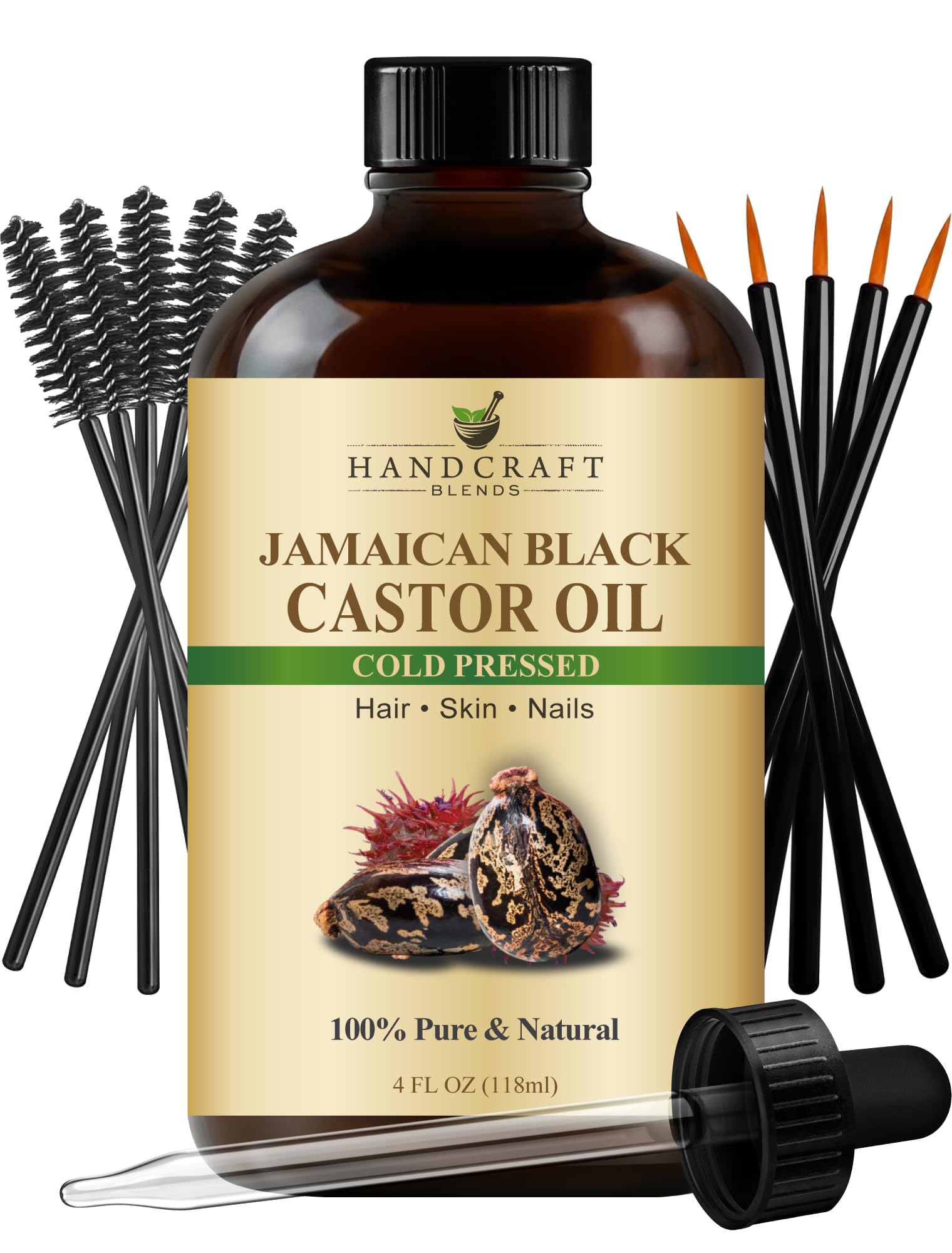 Handcraft Blends Cold-Pressed Jamaican Black Castor Oil 4 Fl Oz | Glass Bottle | Lash Brushes | 100% Pure and Natural | Premium Grade Carrier Oil | Hair, Eyelashes and Eyebrows | Hair and Body