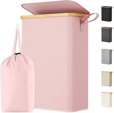Lifewit 50L Slim Laundry Basket with Lid Pink Narrow Folding 4 Rods