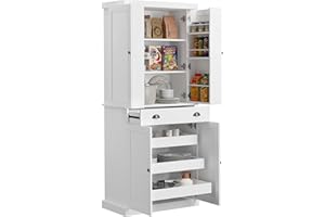 HollyHOME 72.4" Kitchen Pantry Cabinet, Tall Freestanding Cupboard with Pull-Out Shelf Board and Drawer, Storage Cabinet with Adjustable Shelves and Door Storage for Kitchen and Living Room, White