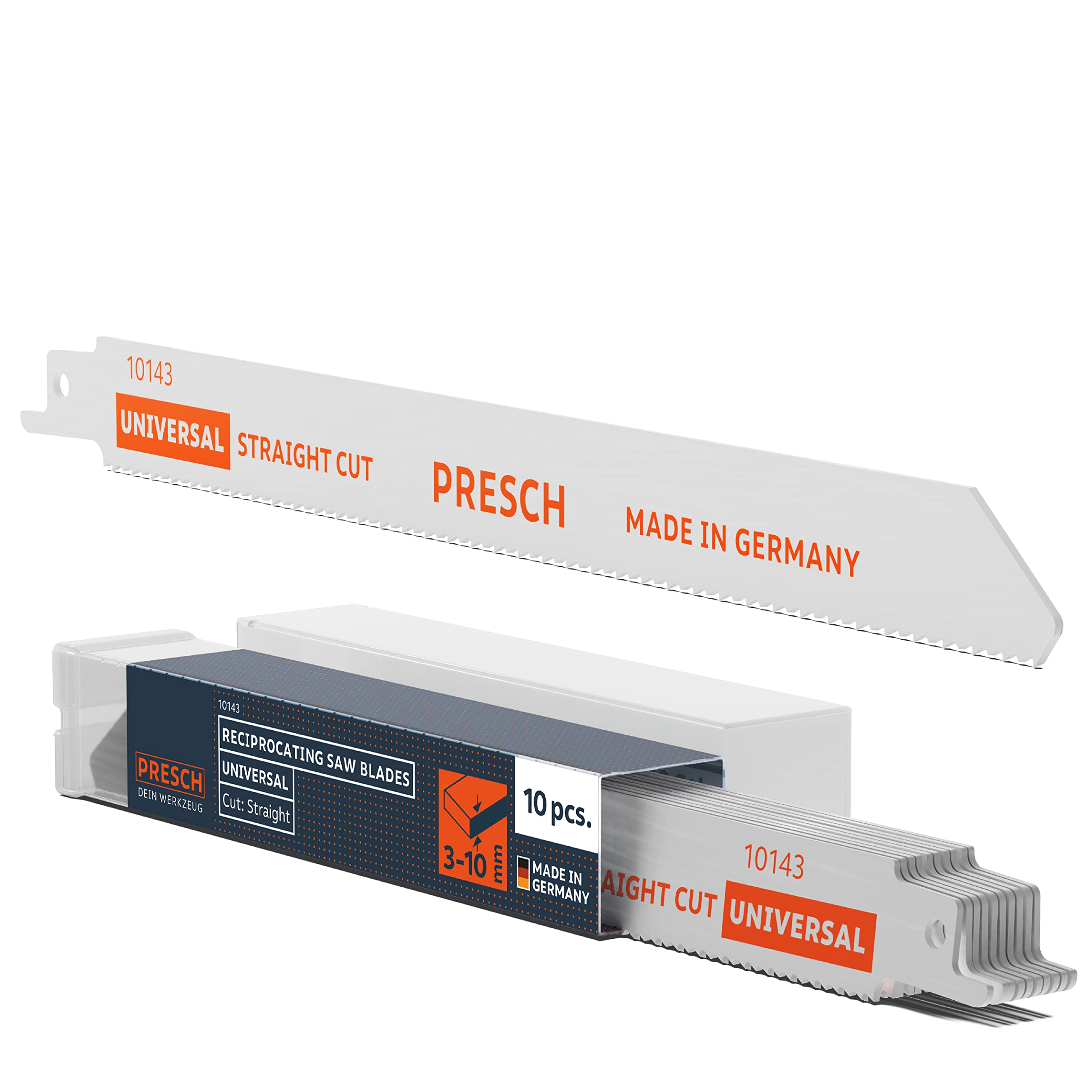 Presch Reciprocating Saw Blades Universal for Wood and Stainless Steel 210mm 10 pcs - 8% Cobalt Saw Edges for Carbide and Wood - Universal Shaft reciprocating Saw Edges Set incl. Box
