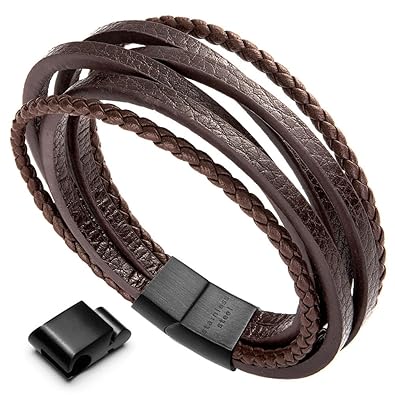 murtoo Herren Armband Edelstahl Echtleder Armband - schwarz|braun geflochten mit Magnet Verschluss(22cm) MEHRWEG