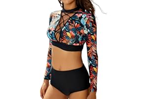 FEOYA Two Piece Bathing Suit for Women Long Sleeve Crop Top with Swim Bottom Lace Up Rash Guard Swimsuit S-XL