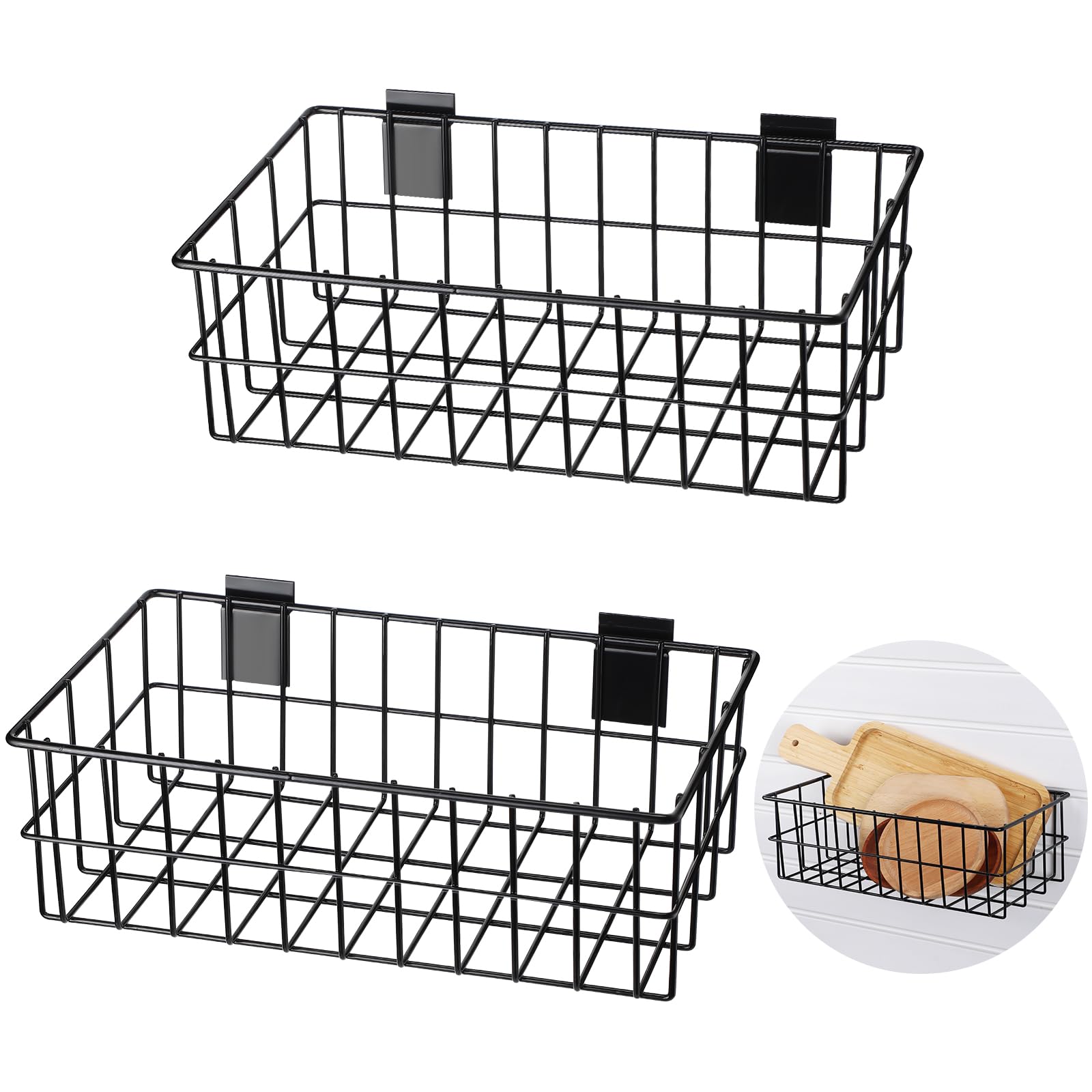 Photo 1 of Hicarer 2 Pcs Slatwall Wire Baskets 13.5 x 7.5 x 4.5 Inch Metal Mounted Wall Organizer Basket Ventilated Hanging Slatwall Accessories for Storage Display Organizing Kitchen (Black)