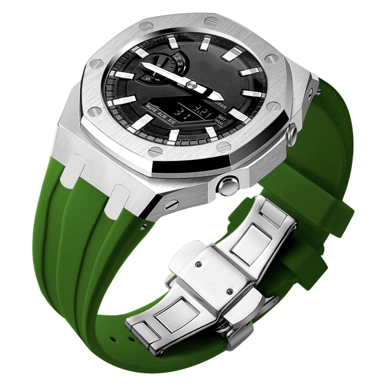Photo 1 of GA2100 Custom Watch Mod Case Band Parts,Stainless Steel Cover 316L Metal Bezel Silicone Watch Strap Kit Compatible With Casioak G shock Ga-2100 Ga-2110 GAB-2100 (Green Silicone Band)