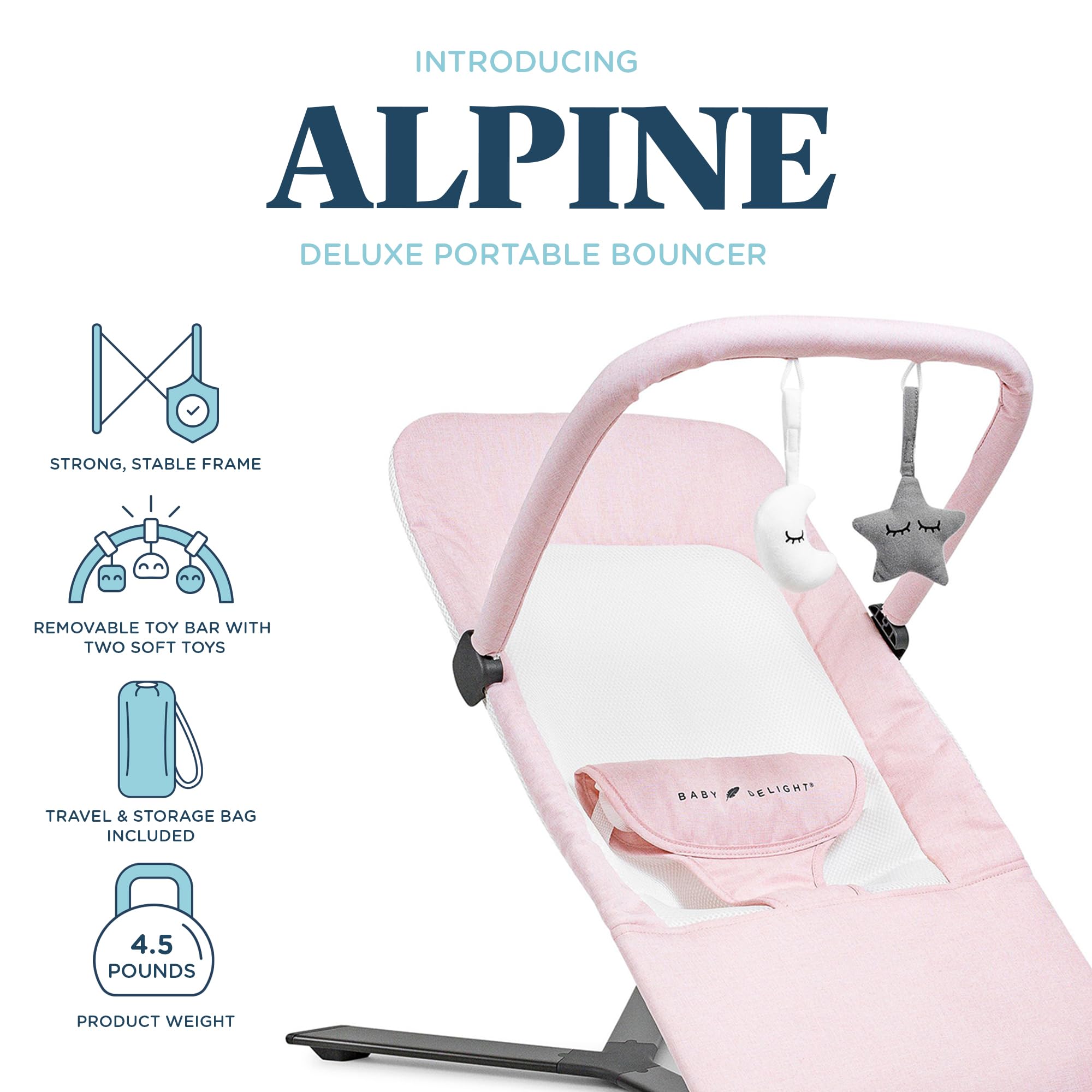 Baby Delight Alpine Deluxe Portable Bouncer | Infant | 0 – 6 Months | Peony Pink