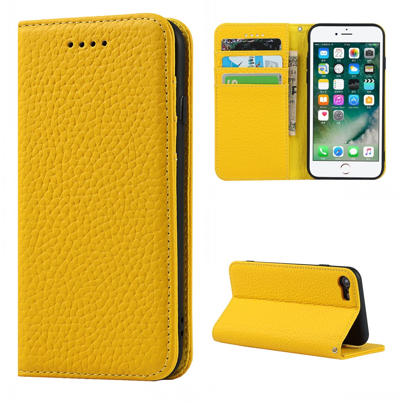 Copmob Phone Case iPhone 7/8/SE2/SE 2020,Flip Genuine Leather Wallet Case,[4 Slots][Magnetic closure][With Lanyard],Protective Cover Case for iPhone 7/8/SE2/SE 2020 - Yellow