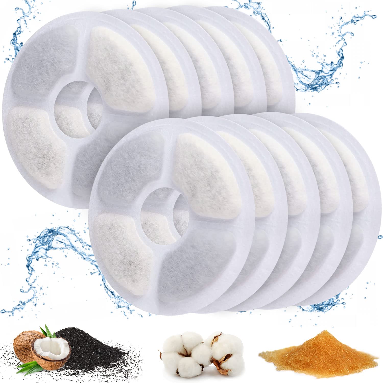ADOV Cat Water Fountain Filters, 10-Pack Triple Action Round Fountain Filter for Replacement Cat Fountains with Ion Exchange Resin and Activated Carbon Compatible with Water Dispenser 2-2.5L