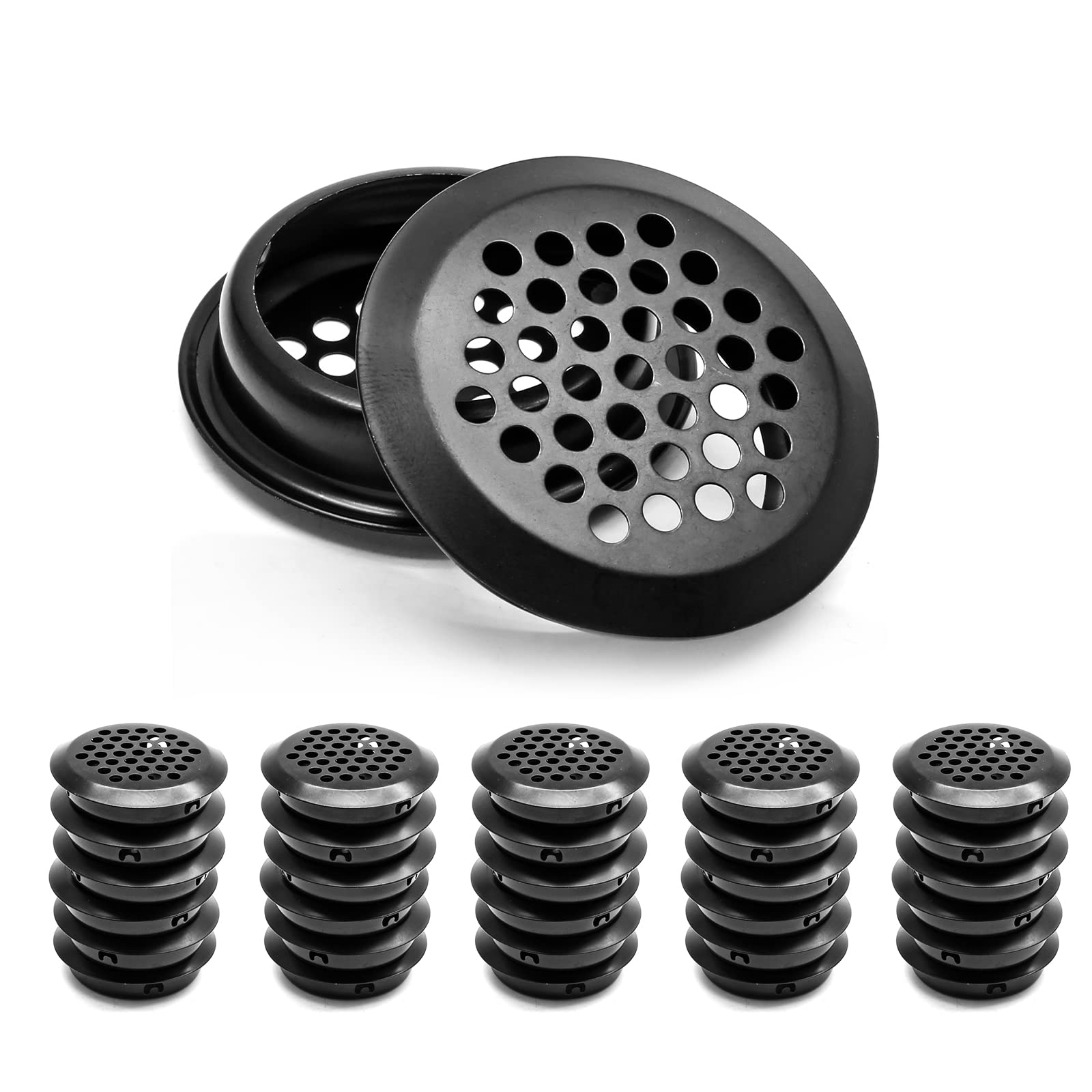 Cjueiom 30PCS Air Vent Louver 35mm Round Ventilation Grilles, Stainless Steel Mesh Hole Vent Circular Soffit Vent Cover, Black Wardrobe Vent Shoes Cabinet Vent for Bookcase Cupboard Drawer Bathroom