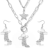 Aswitnove 3 Pcs Cowgirl Necklace Earrings Western Jewelry Set for Women, Sparkly Rhinestone Stacked Cowboy Enamel Hat Boot Star Choker Western Earrings Necklace Country Jewelry for Women