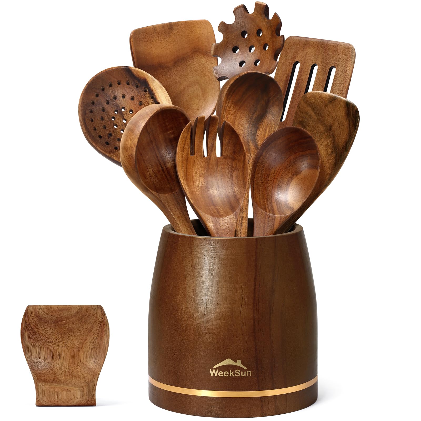 Photo 1 of 10 Pcs Wooden Spoons for Cooking, Cooking Utensils Set With Utensil Holder, Wooden Utensil Set Non-Stick, Teak Wood Nonstick Kitchen Cookware, Kitchen Utensils Set Gift for Chefs & Home