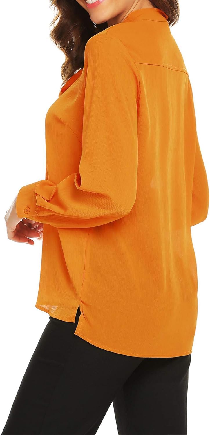 ACEVOG Womens Bow Tie Neck Long/Short Sleeve Casual Office Work Chiffon Blouse Shirts Tops: Clothing