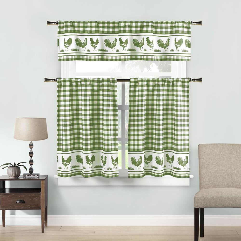Home Maison - Hellen Rooster Plaid Gingham Checkered Kitchen Tier & Valance Set | Small Window Curtain for Cafe, Bath, Laundry, Bedroom - (Sage Green & White)