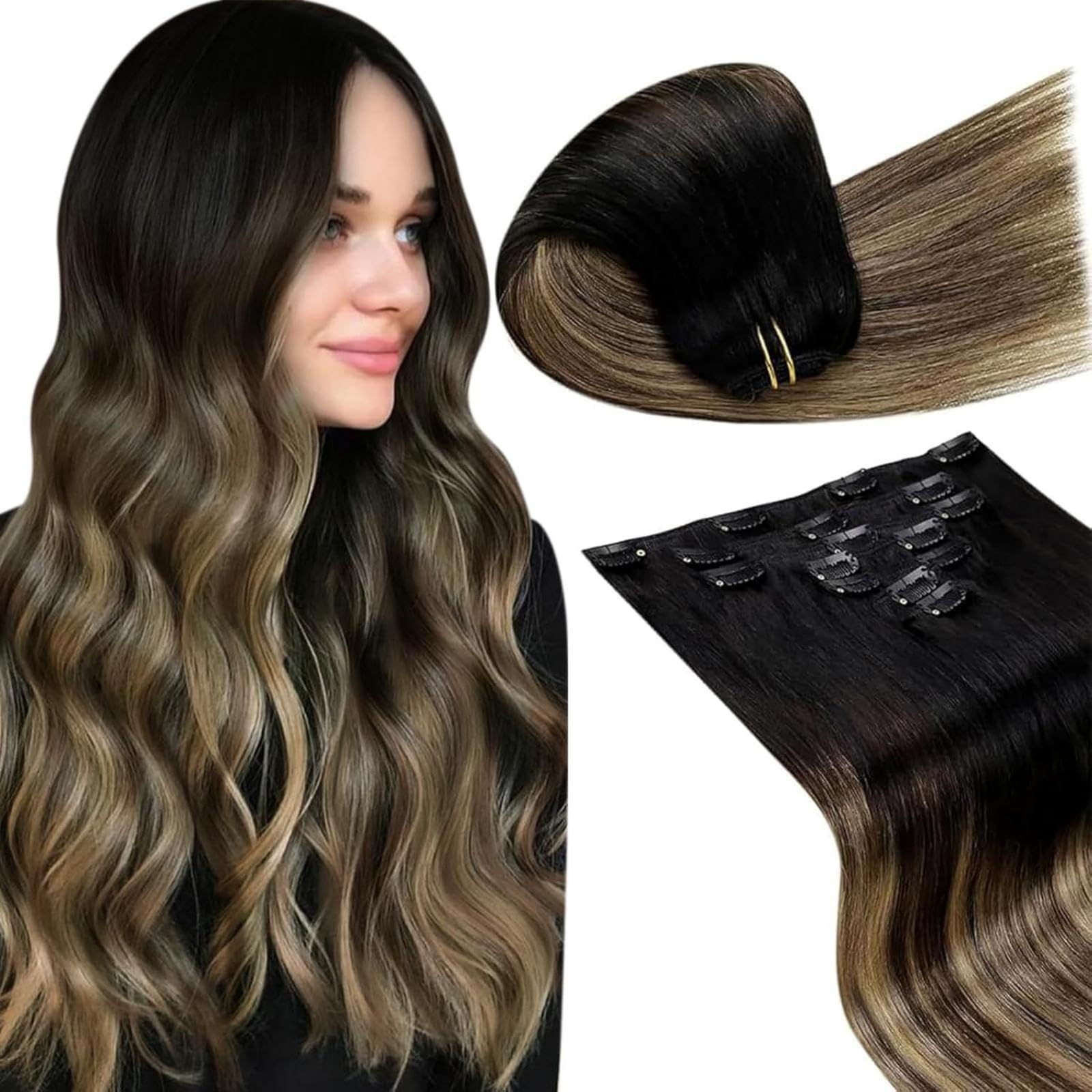 LaaVoo Clip in Hair Extensions Real Human Hair Black Hair Extensions Clip in 16 Inch 120g 7pcs Full Head Straight Balayage Dark Brown & Blonde Remy Hair Double Weft #1b/4/27 — image 1