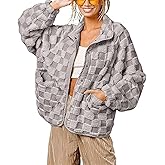 Karwuiio Women Oversized Checkered Fleece Jacket Warm Fuzzy Sherpa Jacket Button Up Cozy Faux Fur Coat Streetwear