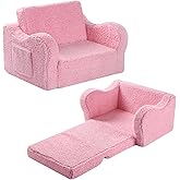 MOMCAYWEX Kids Sofa, 2-in-1 Flip-Out Foam Couch with Soft Sherpa Cover, Cozy Play Lounge Chair, Pink