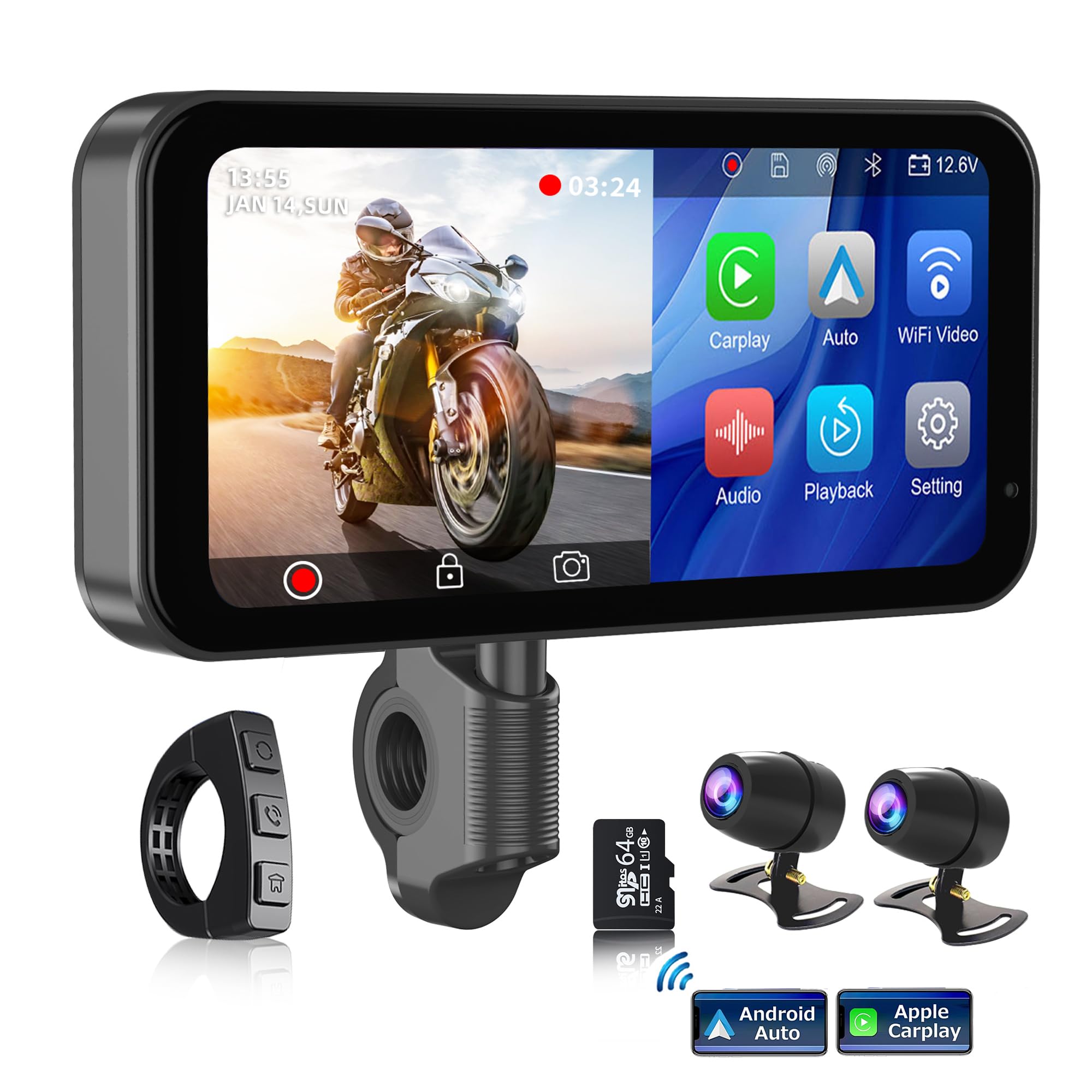 Photo 1 of PARKVISION Portable Motorcycle DVR, 6.25" Wireless CarPlay & Android Auto Touch Screen with 1080P HD Dash Cam Front and Rear, Dual Bluetooth, 64GB TF Card, IP67 Waterproof - Carplay GPS for Motorbike