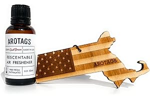 Arotags Massachusetts Patriot Wooden Car Air Freshener - Long Lasting Cool Breeze Scent Diffuses for 365+ Days - Includes Hanging Mirror Diffuser and Fragrance Oil - 100% American Made