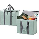 VENO 2 Pack Cooler Bag and Insulated Grocery Bags for Food Delivery, Collapsible Cooler. Reusable Shopping Bags for Groceries with Hard Bottom, Zippered, Foldable, Heavy-Duty (Light Green, 2 Pack)