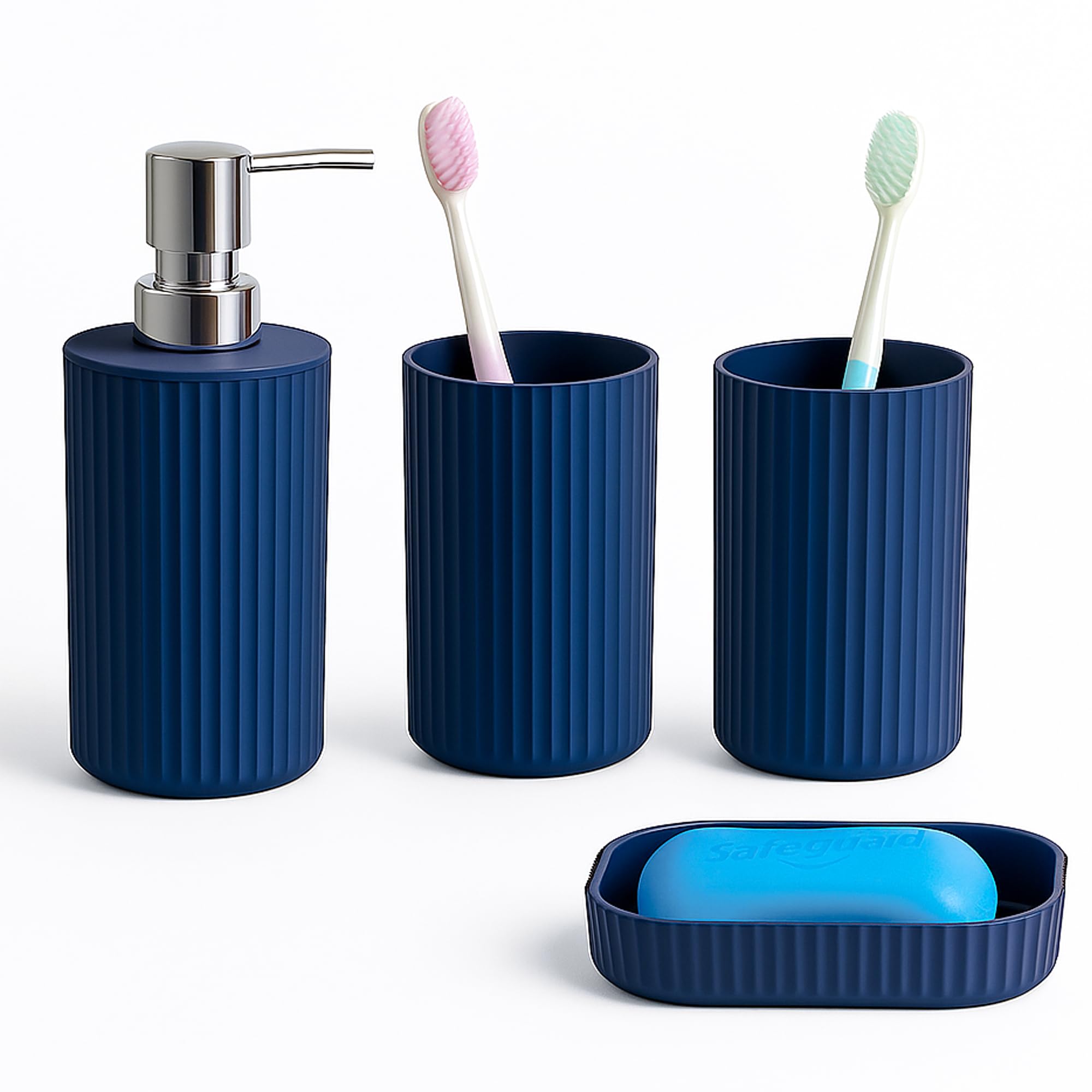 Novel Solutions Premium 4-Piece Bathroom Accessories Set – Matt Grey Rubber-Coated Soap Dispenser, Soap Dish, Tumbler Cup & Toothbrush Holder – Modern Vanity Organiser Kit (Blue Finish)