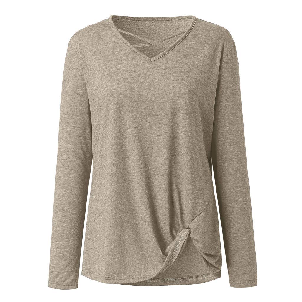 Musommer Women\'s Solid T Shirts Twist Knot Tunics Tops Blouses Womens Long Sleeve Pullover Tops Fitting Plain Shirts Beige