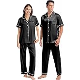 Guriyzee Couples Matching Pajamas Set Silk Satin Short Sleeve Button Down Loungewear with Long Pant