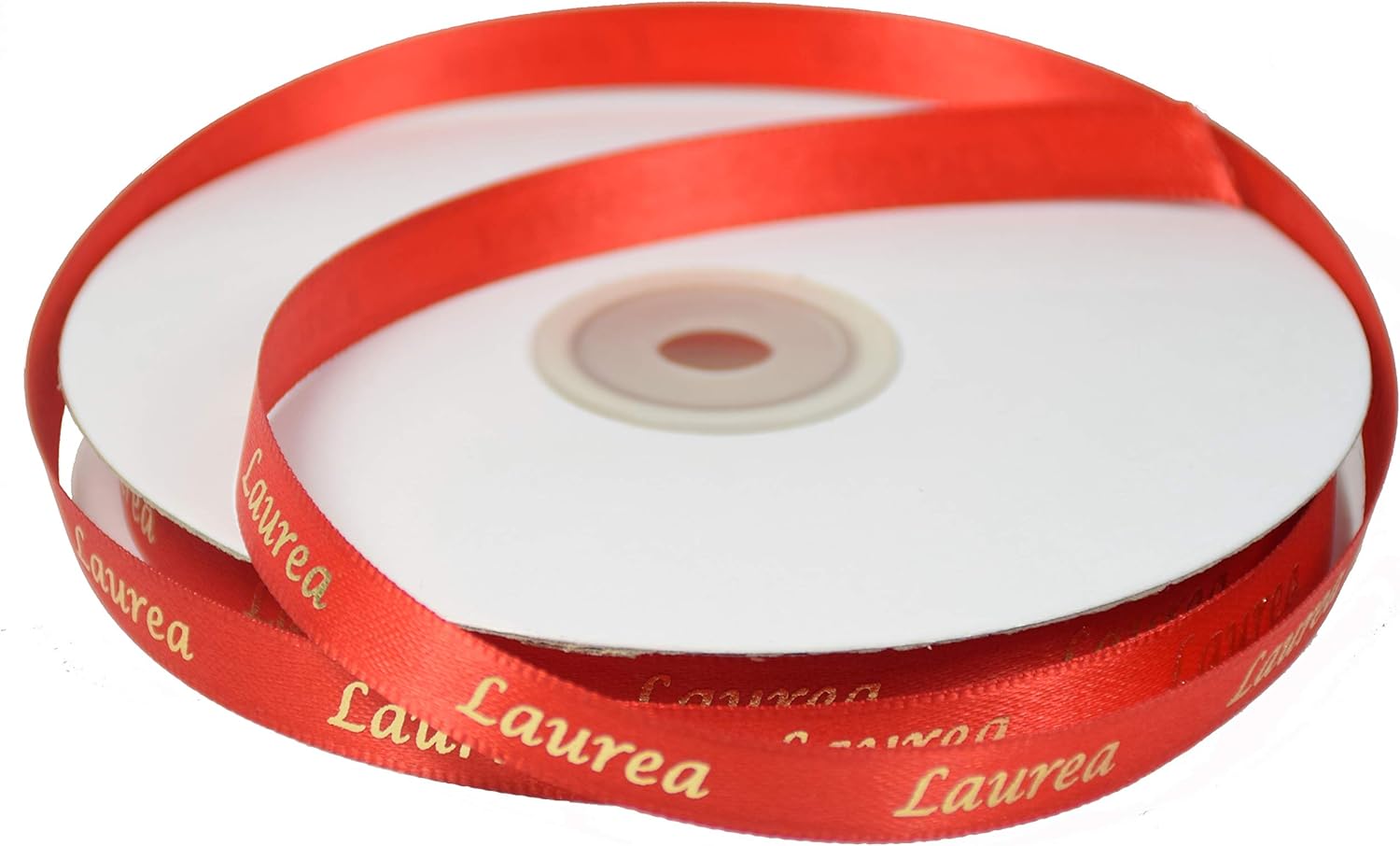 Nastro Di Raso Doppio Faccia Rosso Con Scritta Oro 'LAUREA' – Larghezza 15mm, Lunghezza 25 Metri – PUNTO CASA