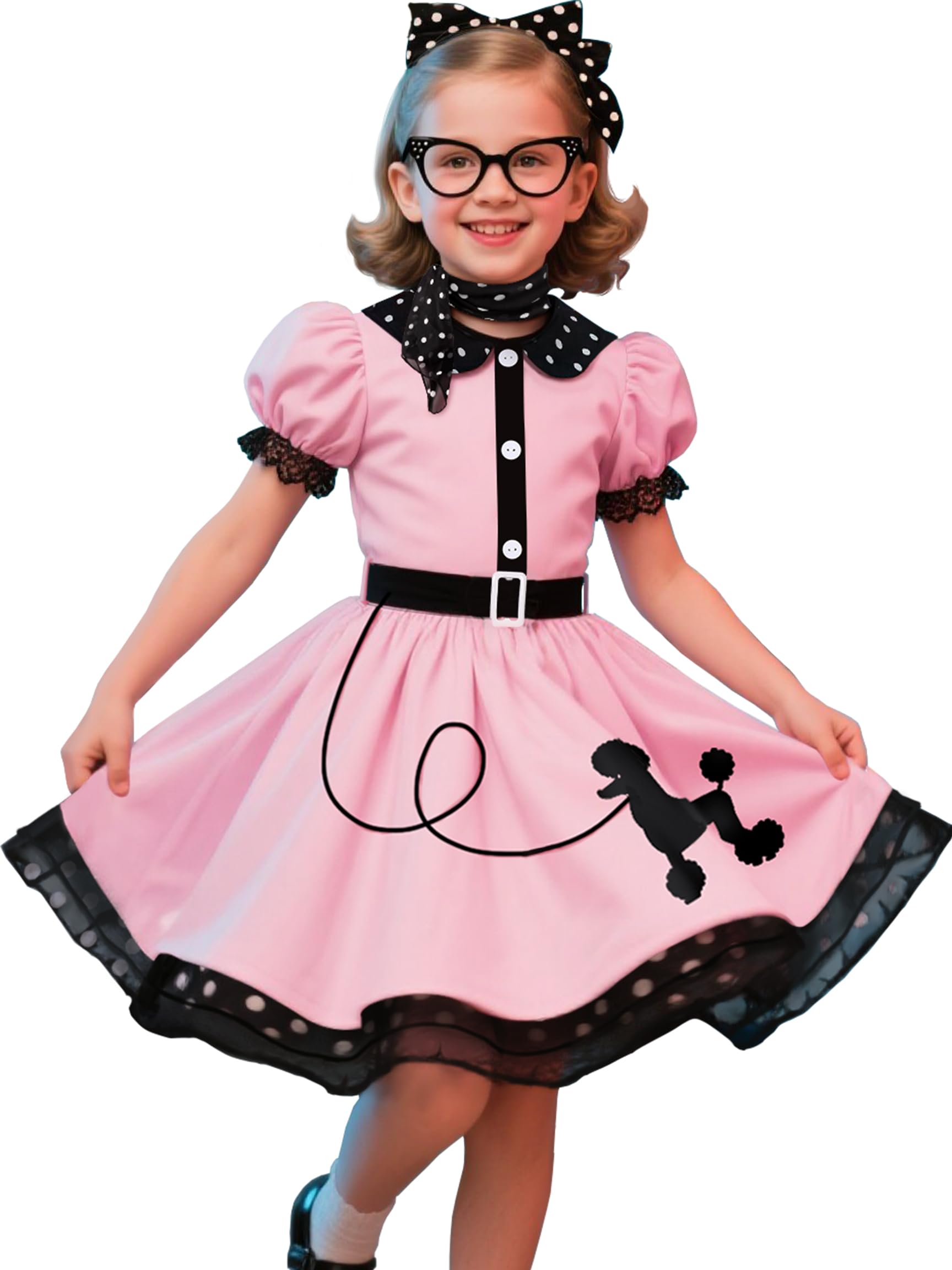Photo 1 of Nuehoryu 50s Costumes for Girls 50s Poodle Dress with Polka-Dot Printed Scarf for Kids Halloween Costume (10-12 Years)