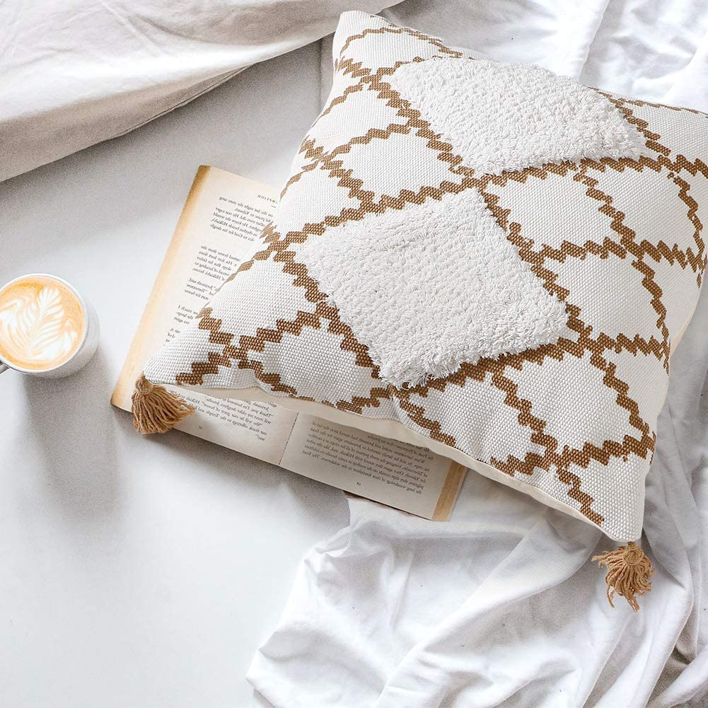 Modern Homes (Set of 2) Decorative Tufted Throw Pillow Covers for Couch Sofa - Boho Moroccan Style Cushion Covers with Tassels, Accent Decor Pillow for Bedroom Living Room (Coffee, 16x16 inch)