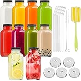 Kucoele 16oz Glass Juice Bottles with Lids, 10 Pack Reusable Smoothie Cups Water Bottles Drinking Jars with Glass Straws, Brush, Lids with Hole