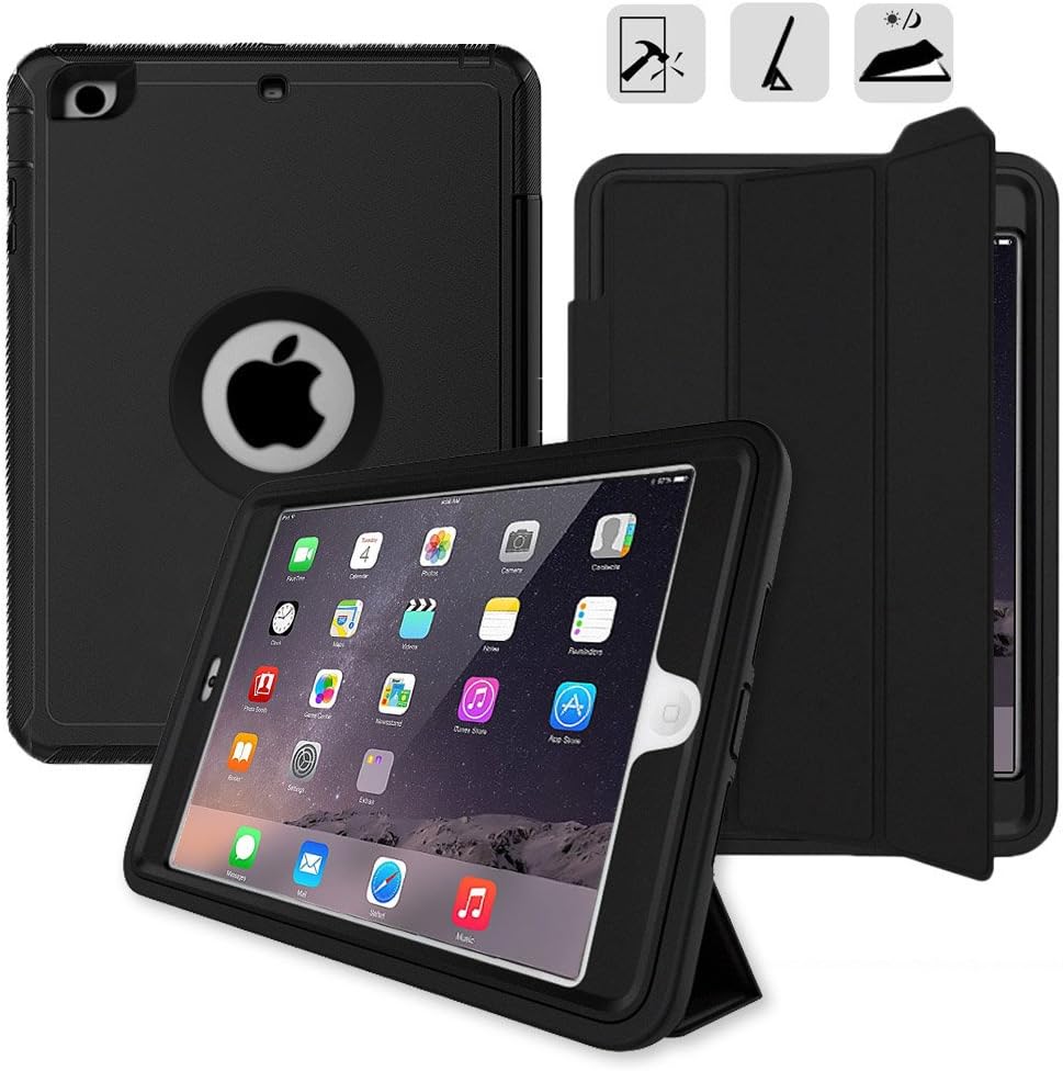 Spessn iPad Mini Cover Case Heavy Duty Full Body Protective Smart Case Stand for Apple iPad Mini 1/2/3 with Auto Sleep/Wake Function - Black