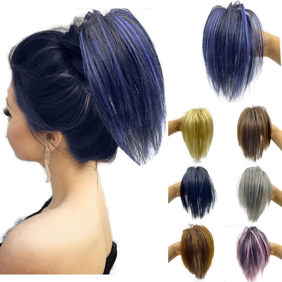 Messy Hair Highlight Ponytail Extension Claw Bun Hair Piece Elastic Drawstring Synthetic Ponytail Extension Hair Bun Extension for Women Daily Use light (Mix Blue)
