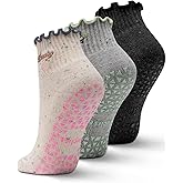 Juclise 3 Pairs Pilates Yoga Grip Socks for Women, Athletic Non Slip Ruffle Low Cut Barre Workout Padded Moisture Wicking