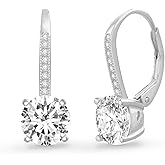 Lesa Michele Rhodium Plated 925 Sterling Silver Cubic Zirconia Drop Lever Back Bridal Earrings for Women Imitation Birthstone
