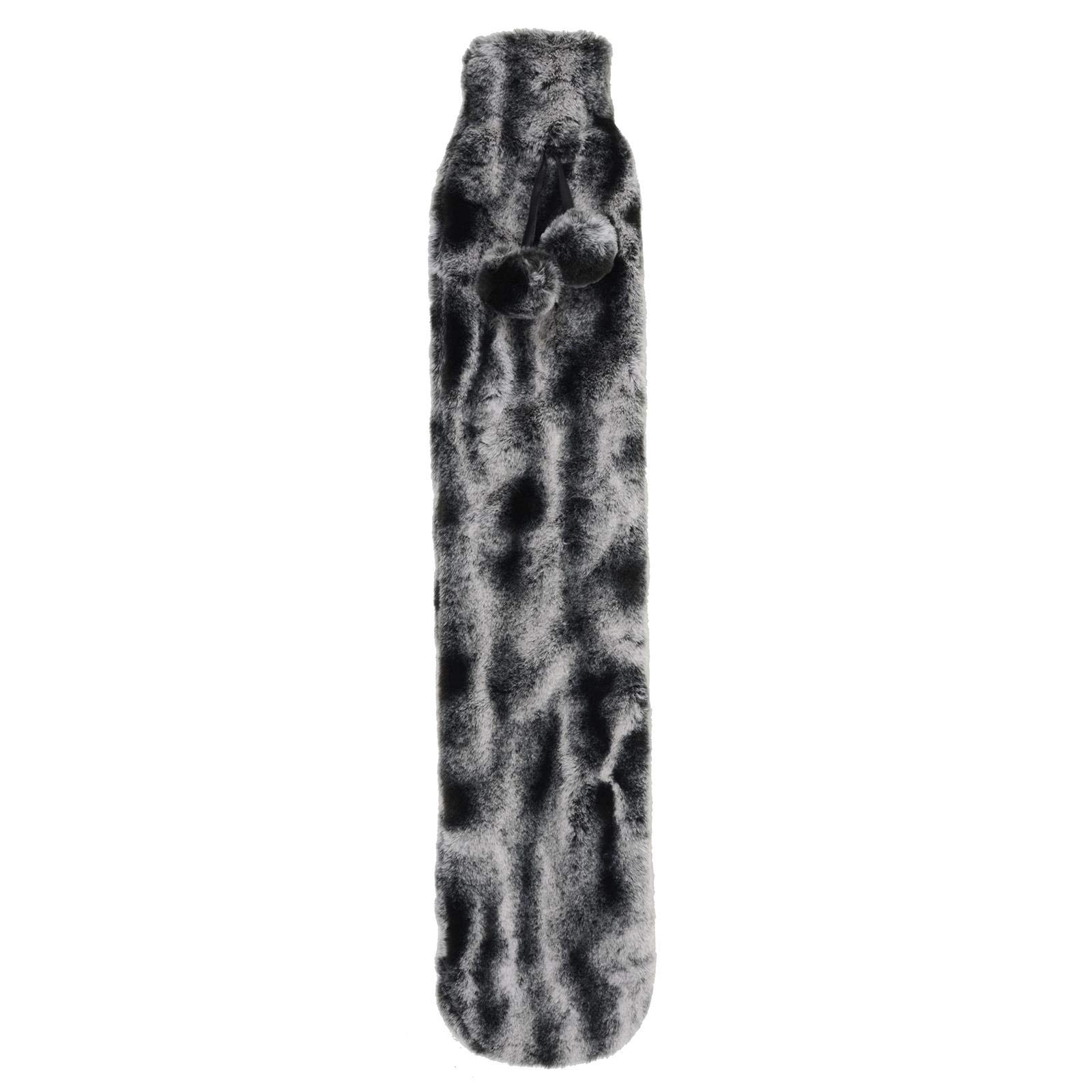 Hodge and Hodge Extra Long Length Hot Water Bottle with Faux Fur Cover & Pom Poms Slim Design for Thermotherapy Muscle Ache Tension Relief Backache Neck Strain Shoulder Pain 72cm - 2 Tone Dark Grey